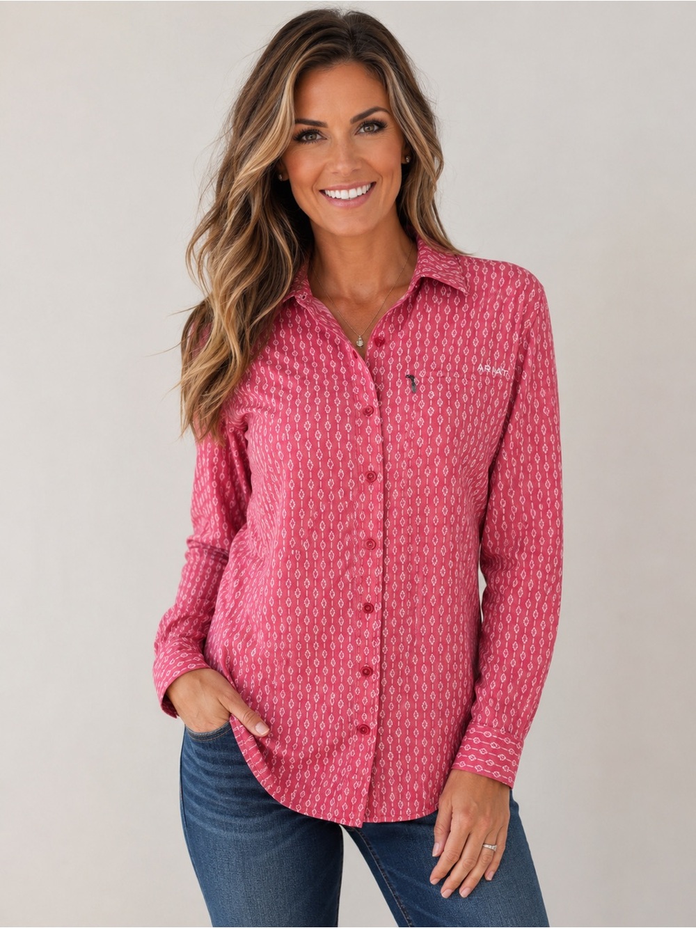 AriatTEK Women’s Button-Up Performance Shirt Pink Geo Print Size L #1040